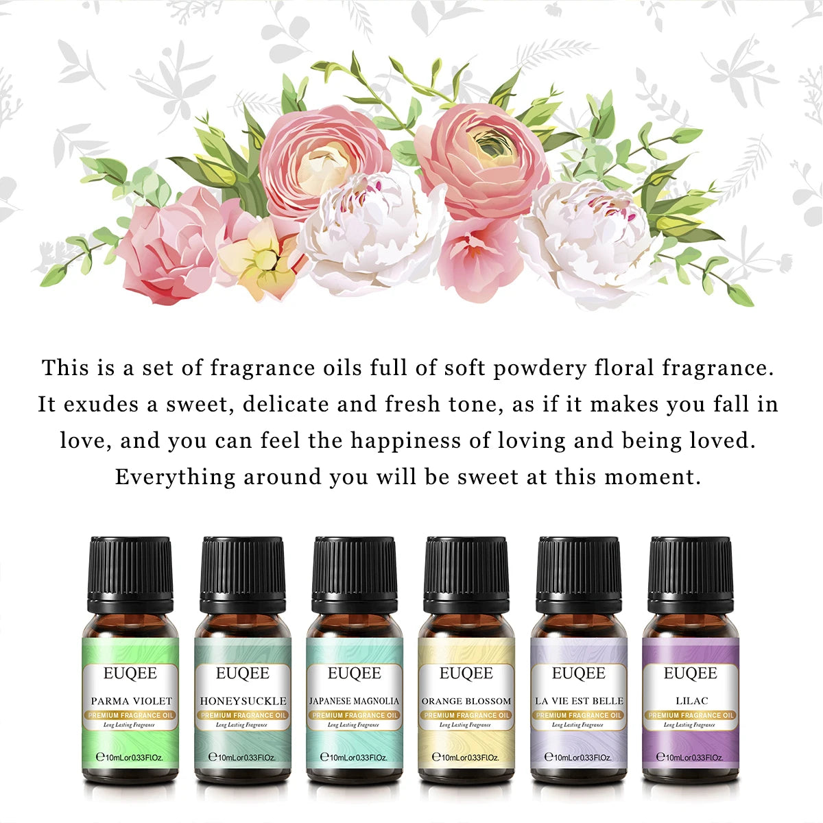 Six 10ml bottles of EUQEE fragrance oils for men and women by Hot Trend Vault, displayed in a neat arrangement.