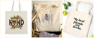 Set of six durable eco-friendly canvas tote bags from Hot Trend Vault, reusable grocery bags for eco-conscious shoppers.
