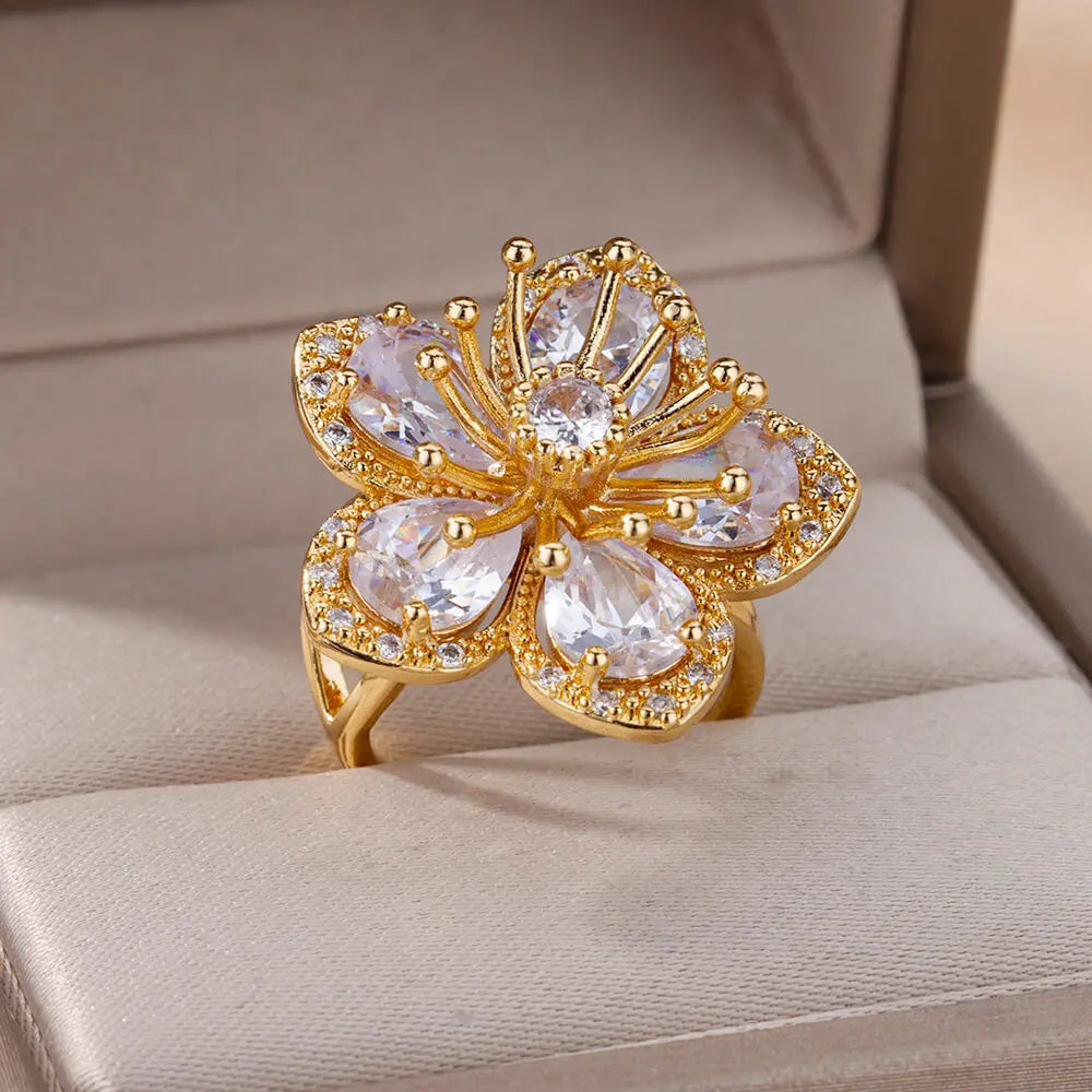 Green Zircon Flower Rings For Women Gold Color Stainless Steel Flower Floral Ring Elegant Luxury Wedding Aesthetic Jewelry Gift