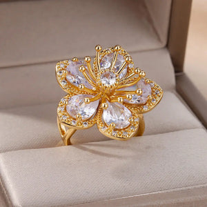 Elegant green zircon flower ring for women by ICFTZWECN, 18K gold plated stainless steel wedding jewelry gift.