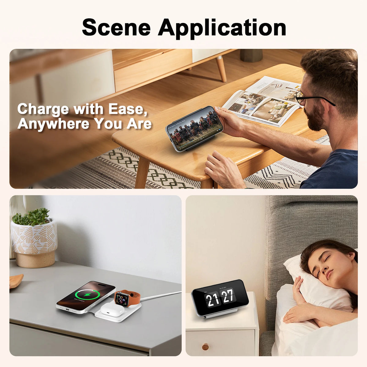Hot Trend Vault 3-in-1 wireless charger station for Apple devices, fast charging multiple gadgets simultaneously.