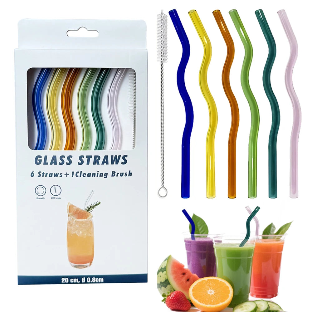 Reusable glass straw kit with six shatterproof borosilicate straws from Hot Trend Vault, family-friendly and durable drinking accessories.