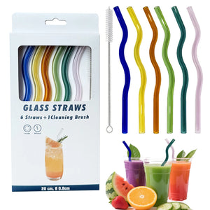Reusable glass straw kit with six shatterproof borosilicate straws from Hot Trend Vault, family-friendly and durable drinking accessories.