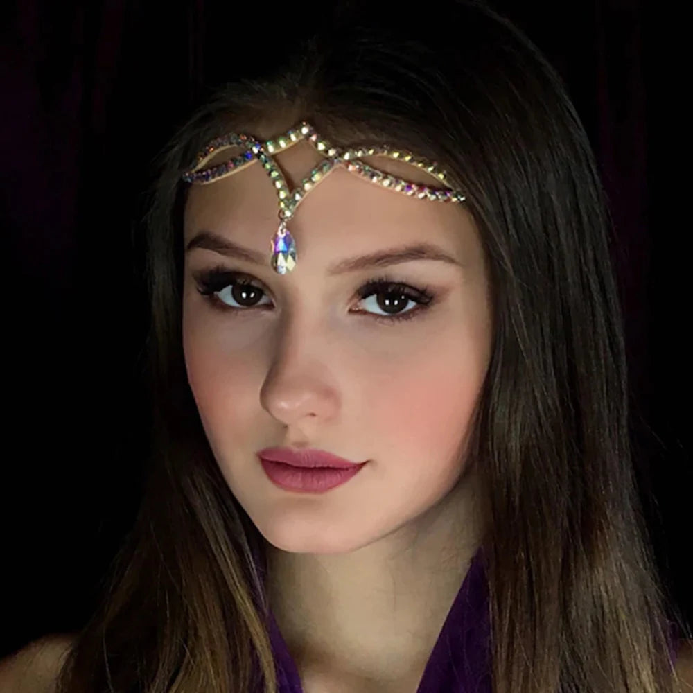 Stone Fans AB pendant headpiece with hair jewelry, designed for drag queens, featuring colorful stones and intricate detailing.