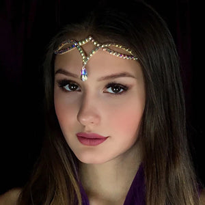 Stone Fans AB pendant headpiece with hair jewelry, designed for drag queens, featuring colorful stones and intricate detailing.
