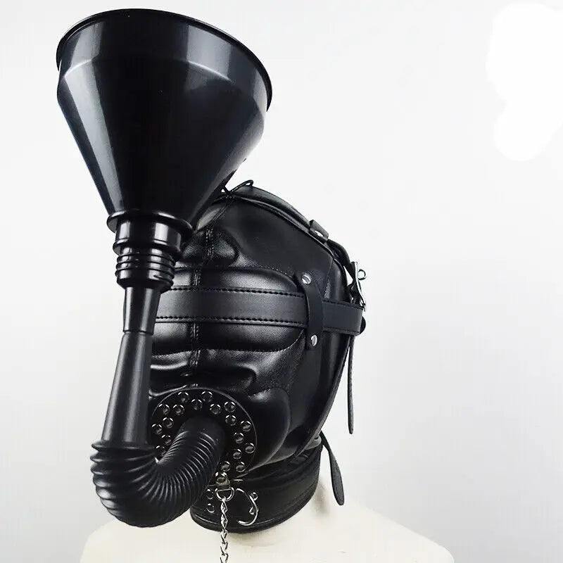 PU Leather Mask Hood Oral Gag Headgear with Funnel Detachable Cover Bondage BDSM Gimp Sexy Costume Sex Toys for Men Women