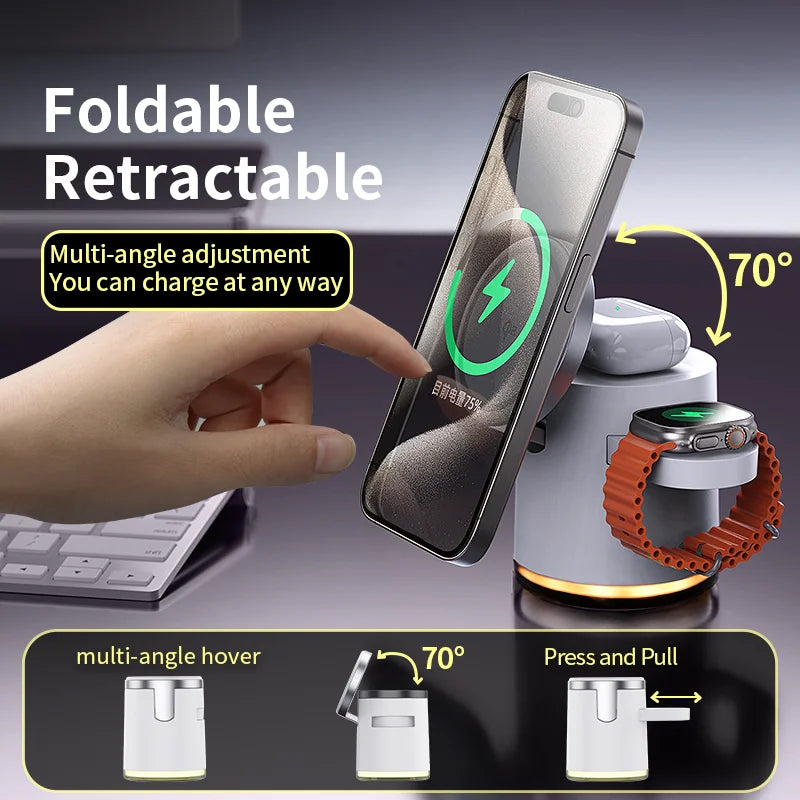 2025 New Qi2 Wireless Charger 3-in-1 Fast Charging Station Stand Folding Holder for iPhone16 15 14 ProMax Airpods Apple Watch