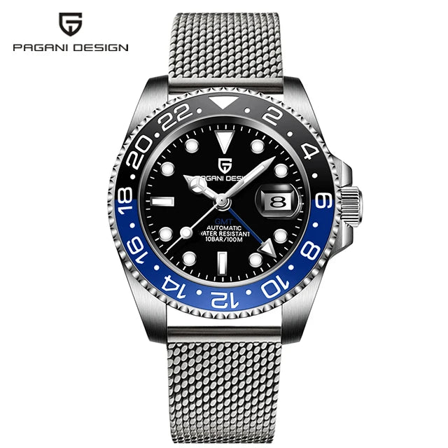 Luxury PAGANI DESIGN GMT men's watch with sapphire crystal, automatic movement, 40mm case, in sleek black and silver tones.
