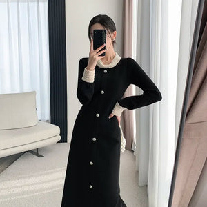 Elegant A Line Dress For Women Autumn Winter Regular Fit With Single Breasted Buttons And Peter Pan Collar