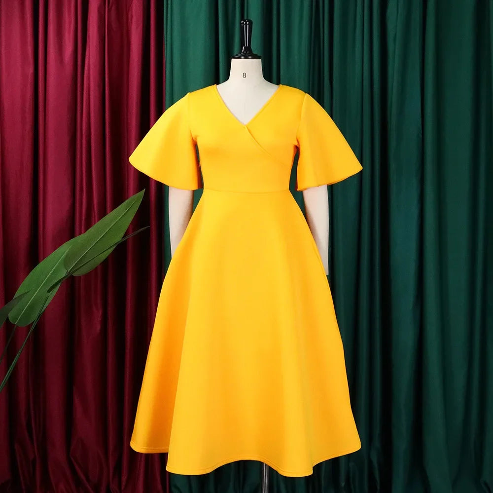 Elegant Dresses for Women V Neck Flare Sleeve High Waisted Pleated A Line Mid Calf Luxury Birthday Party Dinner Vestidos Mujer