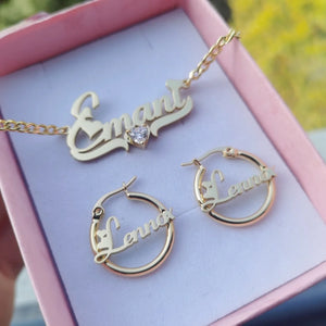 Hot Trend Vault custom name heart zircon necklace and earrings set featuring sparkling stones and delicate design.