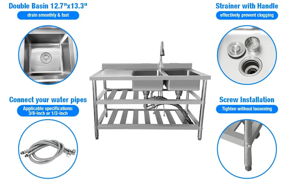 304 Stainless Steel Sink Commercial Restaurant Kitchen Sink with Drawable Hot &amp; Cold Water Faucet