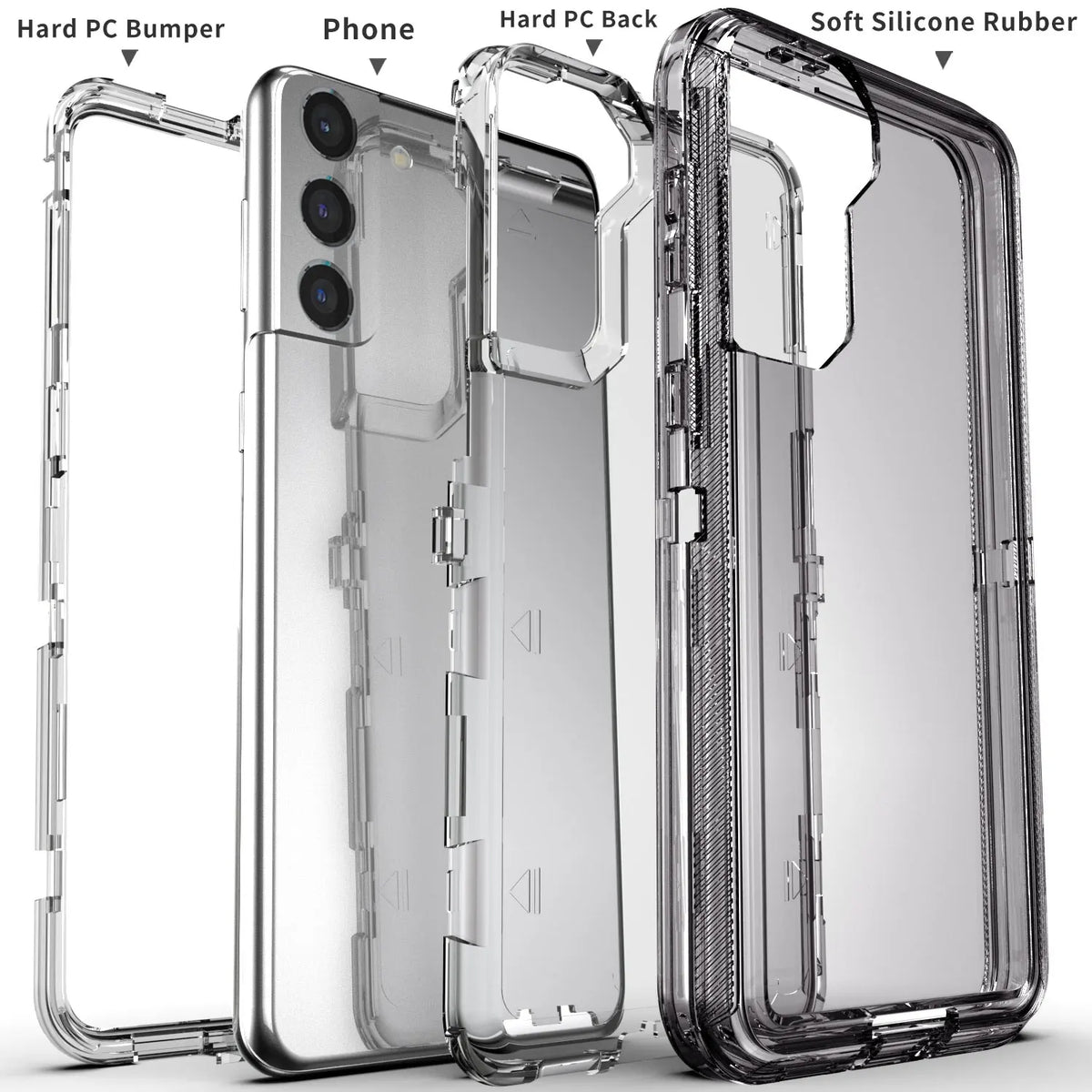 Hot Trend Vault Galaxy S21 series transparent shockproof phone case with two tempered glass screen protectors.