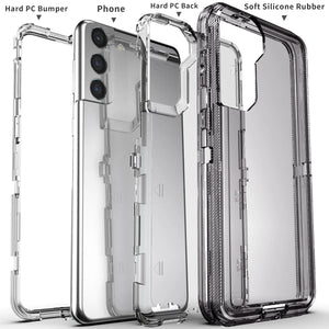 Hot Trend Vault Galaxy S21 series transparent shockproof phone case with two tempered glass screen protectors.