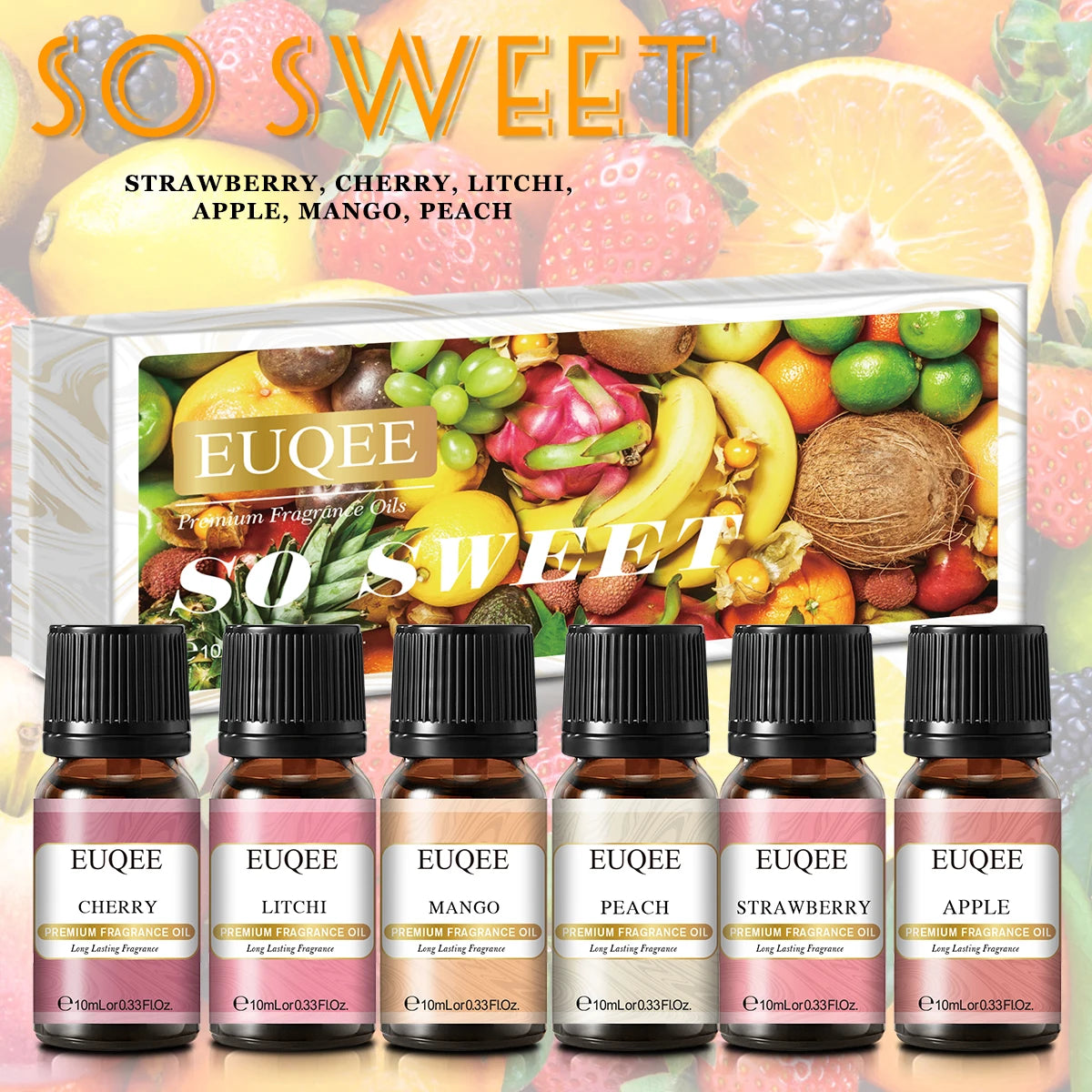 Six 10ml bottles of EUQEE fragrance oils for men and women by Hot Trend Vault, featuring colorful caps and elegant packaging.