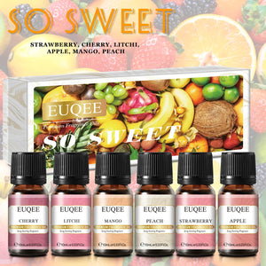 Six 10ml bottles of EUQEE fragrance oils for men and women by Hot Trend Vault, featuring colorful caps and elegant packaging.