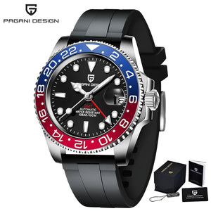 Luxury PAGANI DESIGN GMT men's automatic watch with 40mm sapphire case and black dial, showcasing a sophisticated timepiece.