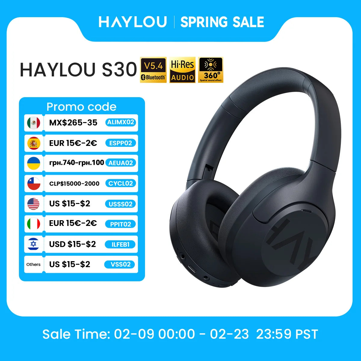 HAYLOU S30 Wireless Bluetooth 5.4 Headphones 43dB Adaptive Noise Cancelling Headsets 40mm Driver 80H Playtime Earphones