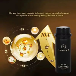 Namstecar perfume fragrance oil 100ml for home diffuser with four 5ml scent samples, in a clear glass bottle with colorful labels.
