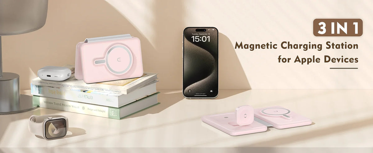 Hot Trend Vault 3-in-1 magnetic wireless charger for travel, fast 18W portable charging pad for phones, watches, and earphones.
