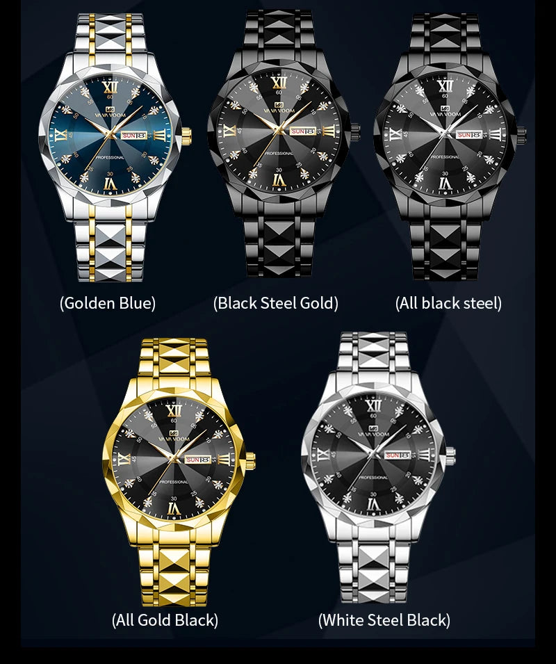 Hot Trend Vault Va Va Voom men's diamond luxury watch with 41mm case, night glow dial, double calendar, quartz movement, accessories