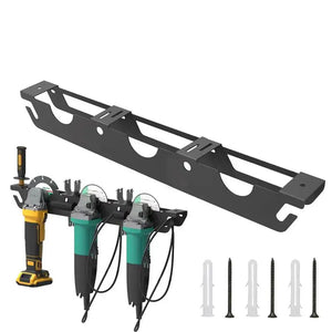 Wall-mounted angle grinder storage rack from Hot Trend Vault, designed for organizing power tools in a home workshop.