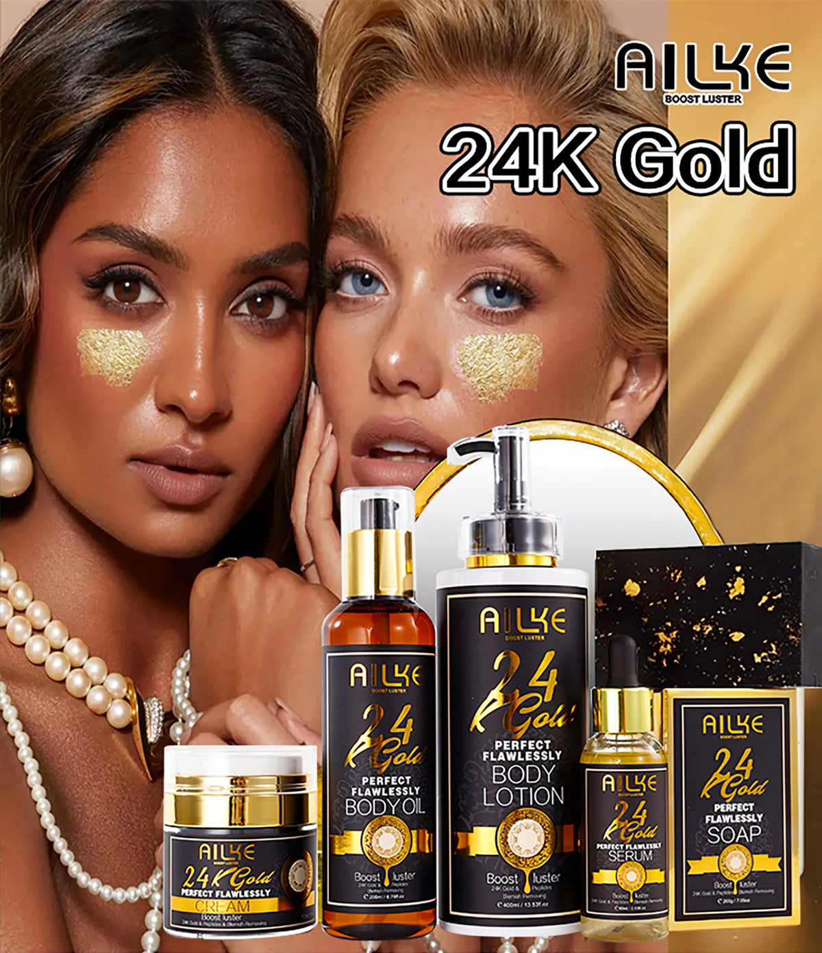 Close-up of AILKE 24K Gold Collagen Whitening cream jar by Hot Trend Vault with gold accents and product label visible.