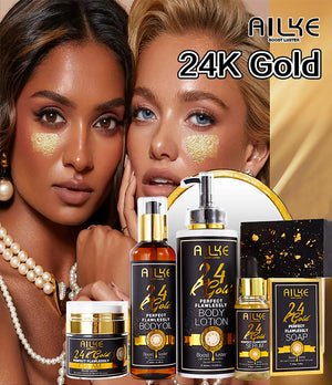Close-up of AILKE 24K Gold Collagen Whitening cream jar by Hot Trend Vault with gold accents and product label visible.