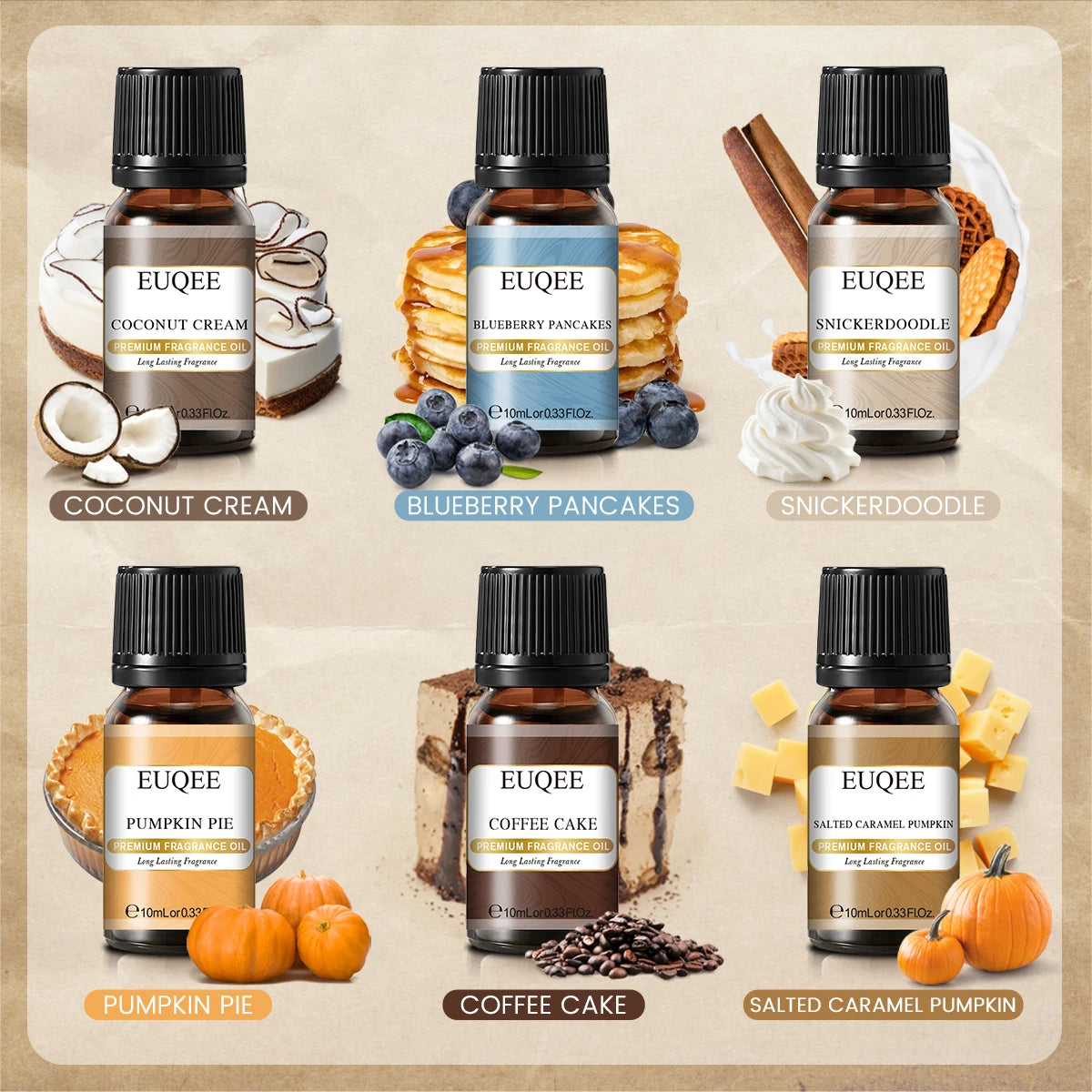 Set of six EUQEE fragrance oils for men and women in 10ml bottles, featuring a variety of scented essential oils by Hot Trend Vault.