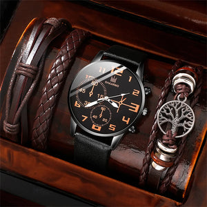 SHAARMS men's sports watch set with five retro big dial quartz watches featuring brown leather straps, accessories by Hot Trend Vault.