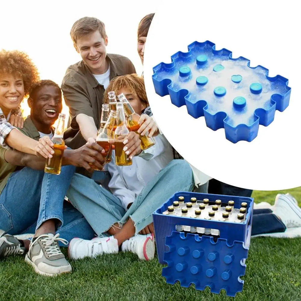 Portable Hot Trend Vault beer cooler with ice block crate for outdoor parties, holding bottles and keeping drinks cold.