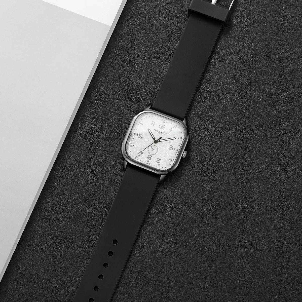 Unisex square silicone strap quartz watch with casual design by Hot Trend Vault, shown with a sleek black face and modern style.