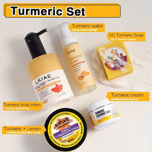 Ailke Turmeric Whitening Skin Care Set by Hot Trend Vault includes bottles and jars of brightening skincare products with turmeric extracts.