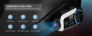 Fodsports FX30C motorcycle Bluetooth headset intercom with HiFi audio, shown with sleek design and control buttons.