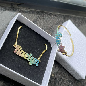 Colorful stainless steel gold nameplate necklace set for kids with bangles, featuring custom names and vibrant design from Hot Trend Vault.