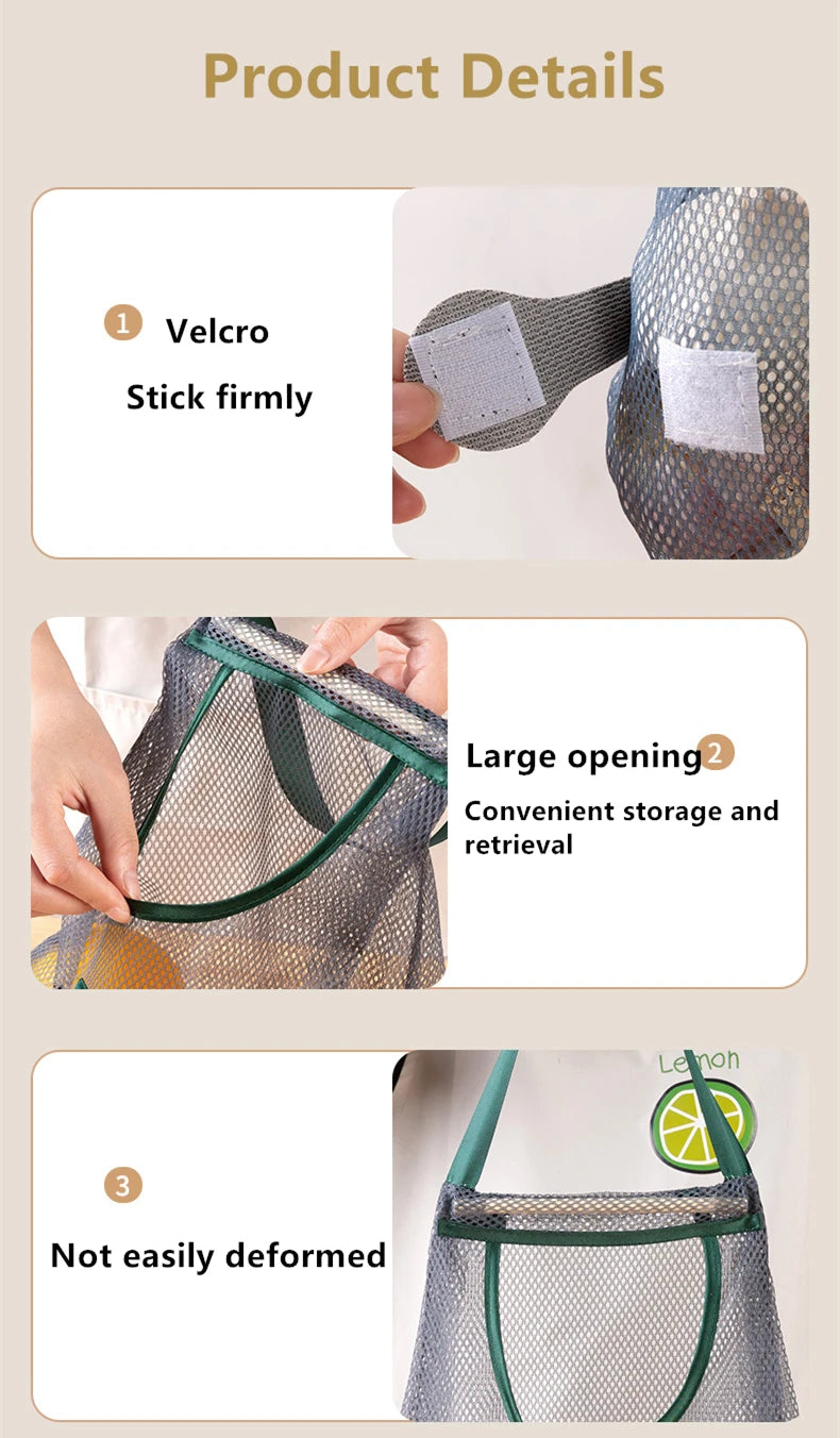 Reusable mesh storage bags hanging in a kitchen for veggies, designed for easy organization and fresh storage from Hot Trend Vault.