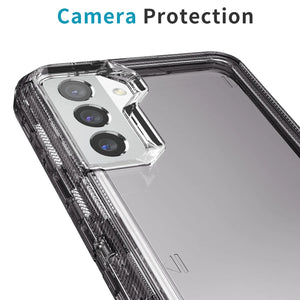Hot Trend Vault NONED Galaxy S21 Series transparent shockproof case with two tempered glass screen protectors on a smartphone.