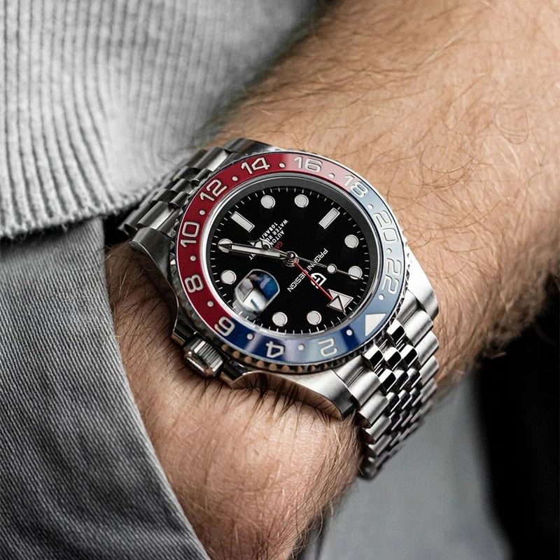 Luxury PAGANI DESIGN GMT men's watch with sapphire crystal, automatic movement, 40mm case, in a sleek black design