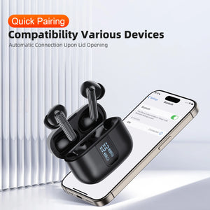 Hot Trend Vault QERE E50 wireless headphones with Bluetooth 5.3, touch display, 13mm drivers, and four microphones for clear music.
