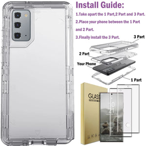 Hot Trend Vault Galaxy Note20 Ultra transparent shockproof case with two tempered glass screen protectors, showing the clear case on the phone.