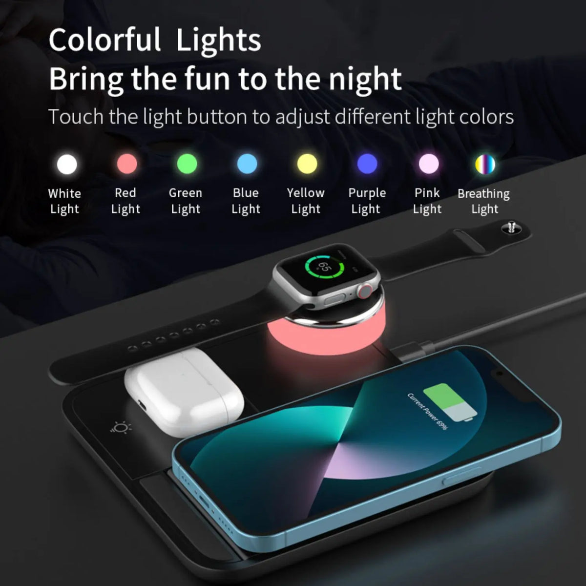 Foldable Hot Trend Vault 3-in-1 wireless charging station with night light, 15W fast charging stand for iPhone 15, 14, and 13.