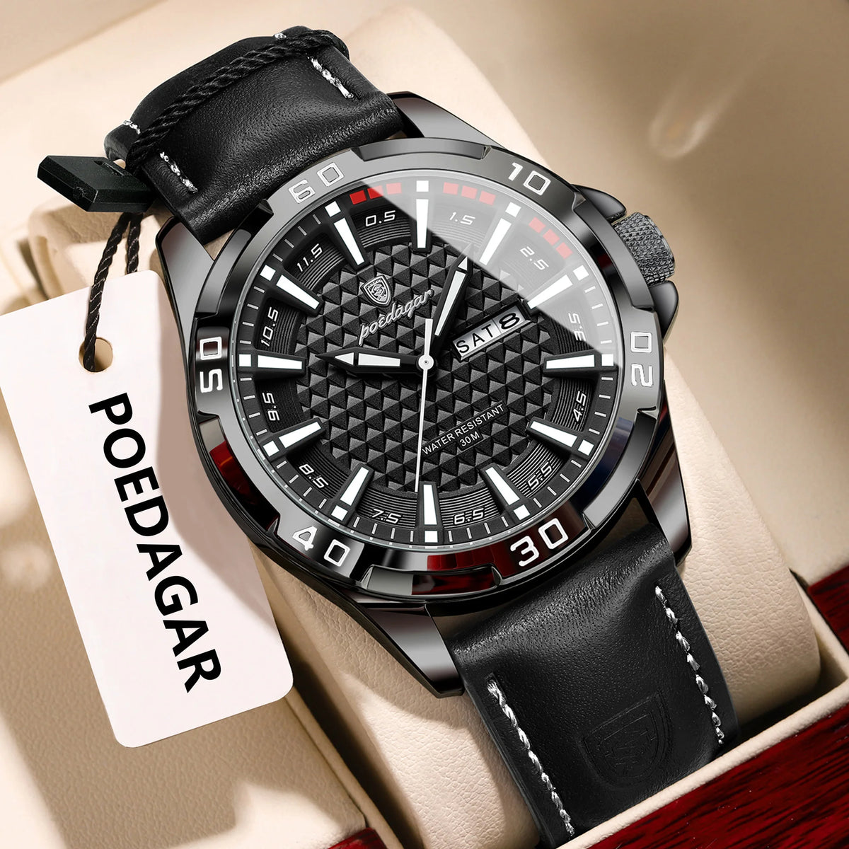 Luxury waterproof men's quartz leather watch by Hot Trend Vault with date feature, stylish accessories for sophisticated looks.