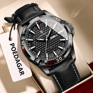 Luxury waterproof men's quartz leather watch by Hot Trend Vault with date feature, stylish accessories for sophisticated looks.