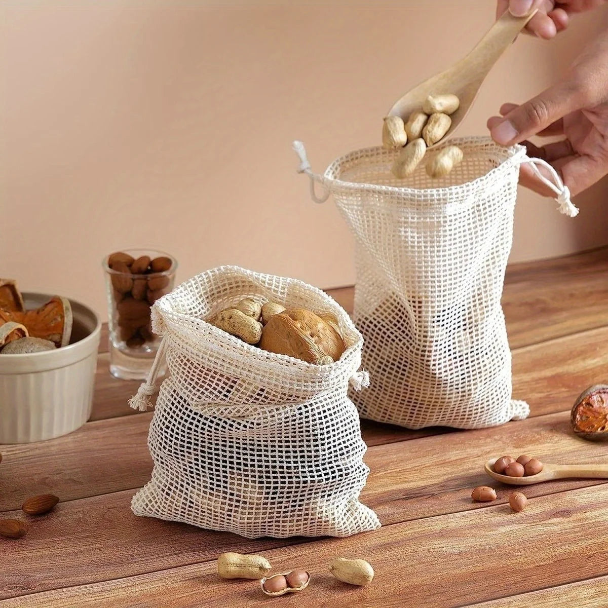 1pc Cotton Mesh Reusable Produce Bags, Mesh Storage Bags with Drawstring for Vegetables, Fruit &amp; Grocery Shopping Reusable