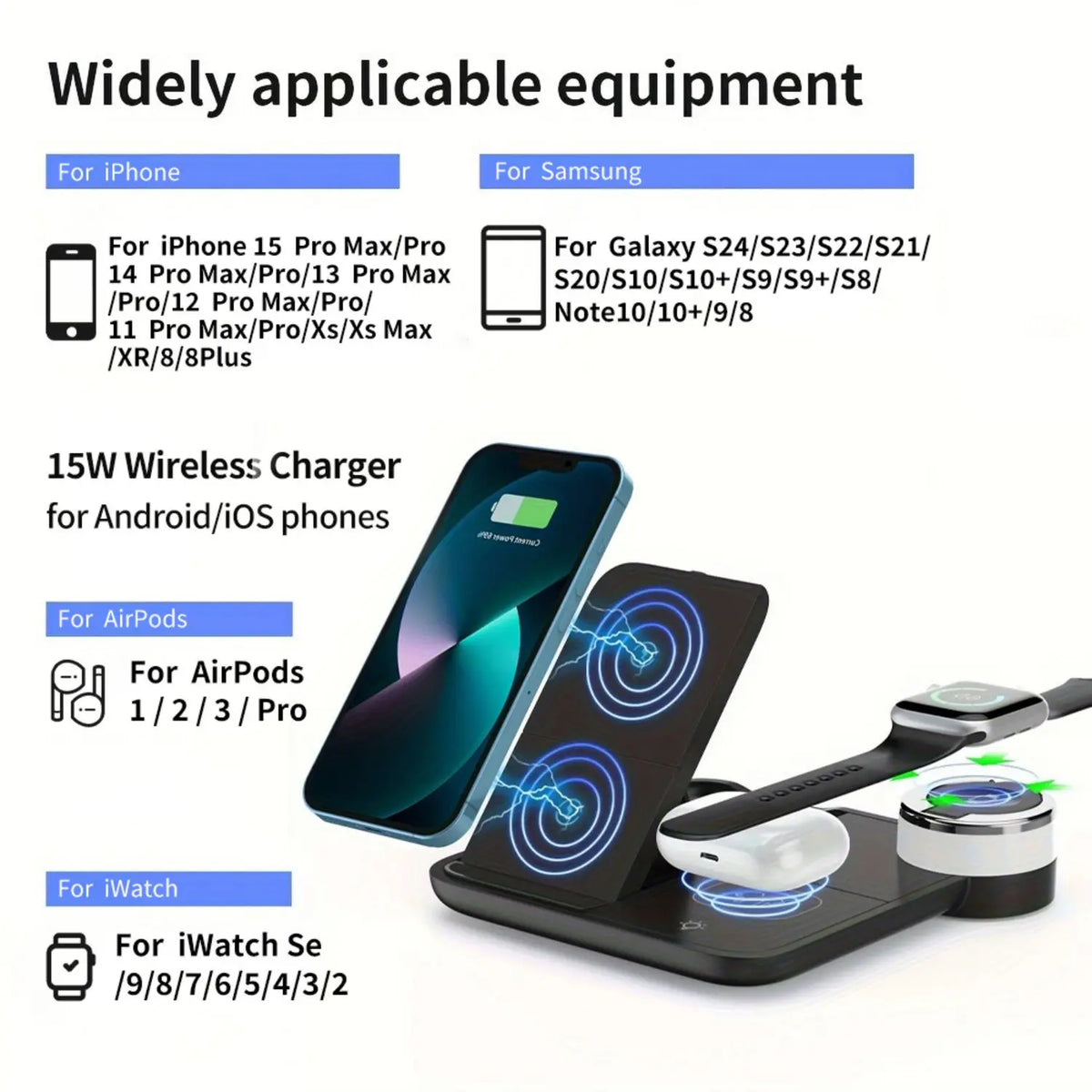 Foldable 3-in-1 wireless charging station by Hot Trend Vault with night light, compatible with iPhone 15, 14, 13, offering fast 15W charging.