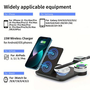Foldable 3-in-1 wireless charging station by Hot Trend Vault with night light, compatible with iPhone 15, 14, 13, offering fast 15W charging.