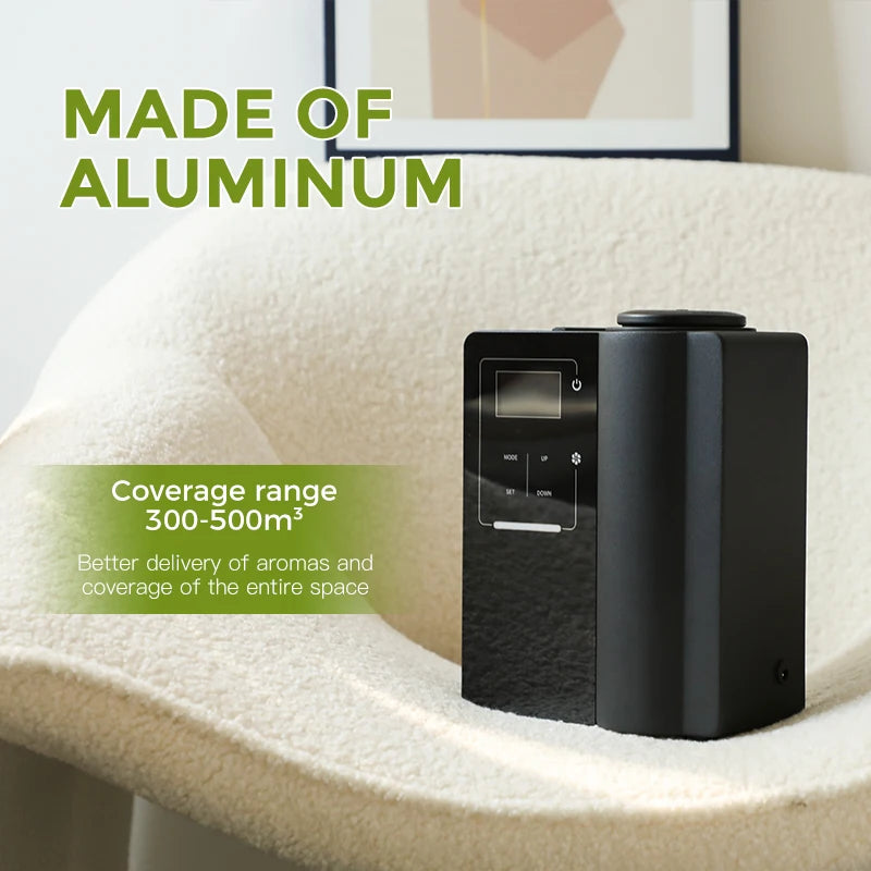 LuxPerfume Bluetooth app-controlled aroma diffuser with a 200ml aluminum body for ambient scent diffusion.