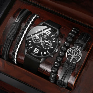 Men's sports watch set by Hot Trend Vault featuring a retro big dial quartz watch with brown leather strap and additional accessories.