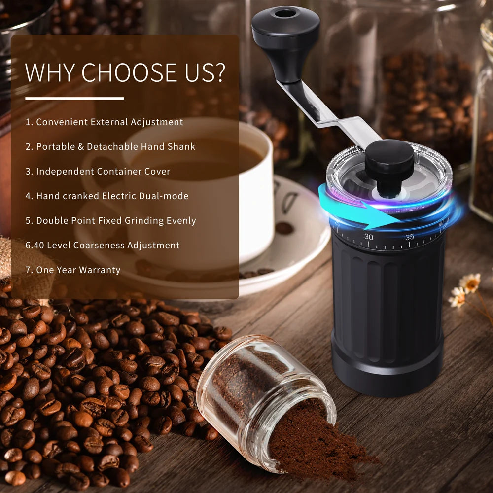 Hot Trend Vault DCNB mini manual coffee grinder with conical burrs, 40 adjustable settings, compact 30g capacity for espresso lovers.