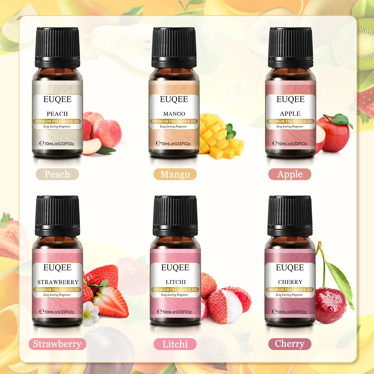 Set of six EUQEE fragrance oil bottles for men and women, 10ml each, by Hot Trend Vault, with colorful packaging.